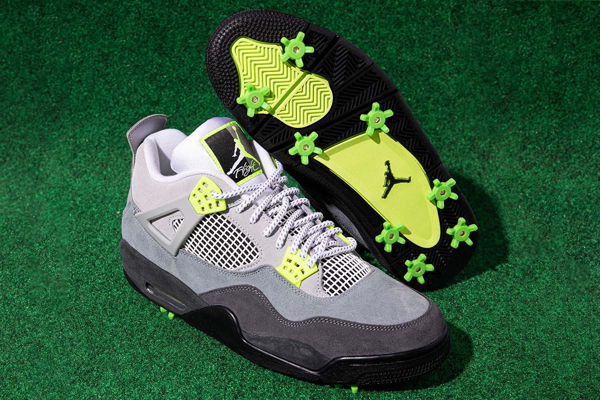 Custom golf shoes featuring Golfkicks cleats installed on Air Jordan 4 sneakers.